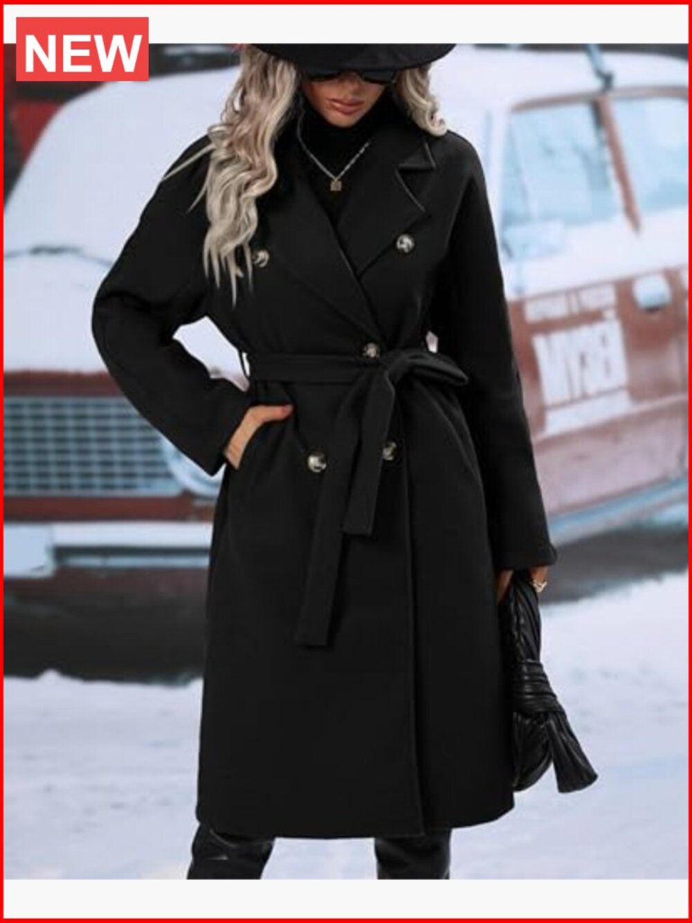 Wool Blend Double Breasted Notch Lapel Long Pea Coat - Picture 4 of 6